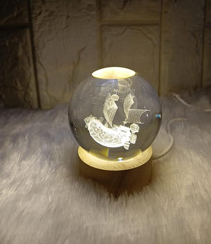 One Piece Luffy Ship 3D Crystal Ball Luminous Lamp with Wooden Base | Warm White Light for Bedroom Decor, Birthday Gift