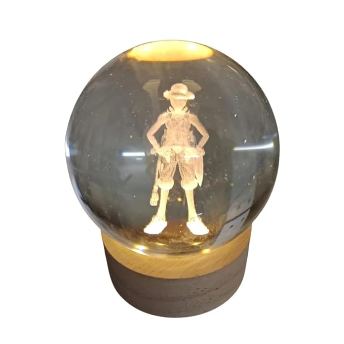 One Piece Luffy 3D Crystal Ball Lamp Luminous with Wooden Base | Warm White Light for Bedroom Decor, Birthday Gift (No Switch- Only Cable)