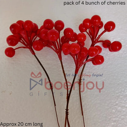 cherries pack of 4 bunch | Artificial cherries Christmas Red cherries Fake Burgundy cherries Picks for Christmas Tree, Crafts, Wedding, Home Decor | Approx 20 cm long