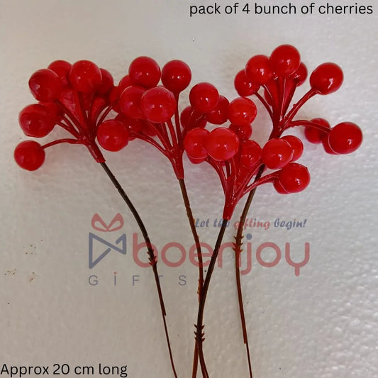 cherries pack of 4 bunch | Artificial cherries Christmas Red cherries Fake Burgundy cherries Picks for Christmas Tree, Crafts, Wedding, Home Decor | Approx 20 cm long
