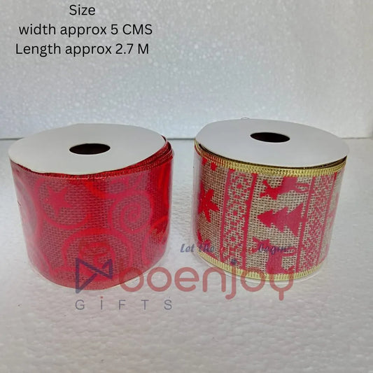 2 Pcs Roll Christmas Printed 2.5" (9 Ft) 2.5 Mtr Wired Edge Wrapping Ribbons Thin Plaid Burlap Ribbon Tartan Plaid Ribbon for Christmas Decoration DIY Craft | A