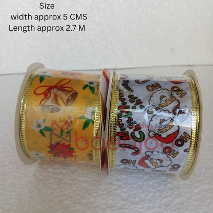 2 Pcs Roll Christmas Printed 2.5" (9 Ft) 2.5 Mtr Wired Edge Wrapping Ribbons Thin Plaid Burlap Ribbon Tartan Plaid Ribbon for Christmas Decoration DIY Craft | D