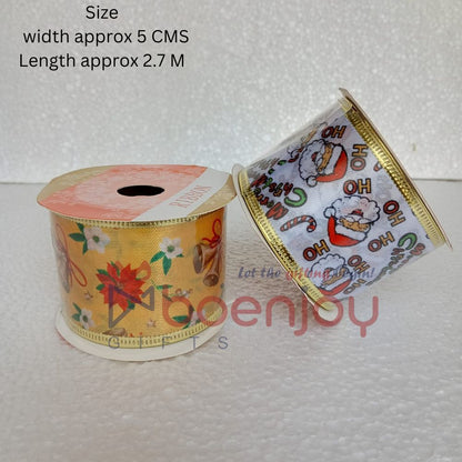 2 Pcs Roll Christmas Printed 2.5" (9 Ft) 2.5 Mtr Wired Edge Wrapping Ribbons Thin Plaid Burlap Ribbon Tartan Plaid Ribbon for Christmas Decoration DIY Craft | D