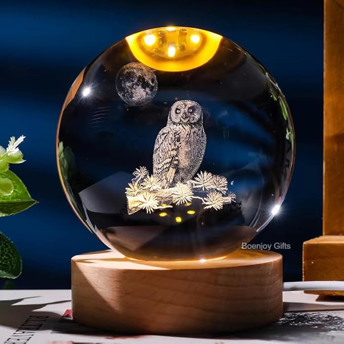 3D Crystal Ball Lamp Luminous Lamp with Wooden Base| 3D Laser Engraving Inside Crystal Ball | Warm White Light for Bedroom Decor, Birthday Gift (No Switch- Only Cable) Harry Potter Owl