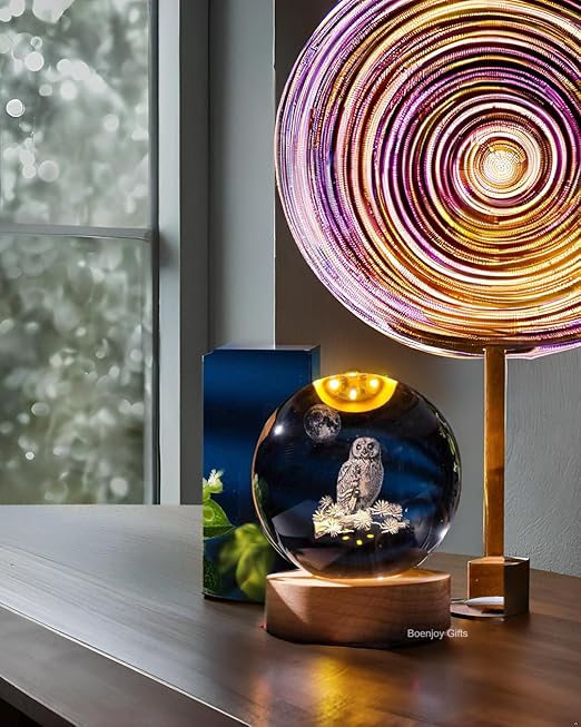 3D Crystal Ball Lamp Luminous Lamp with Wooden Base| 3D Laser Engraving Inside Crystal Ball | Warm White Light for Bedroom Decor, Birthday Gift (No Switch- Only Cable) Harry Potter Owl