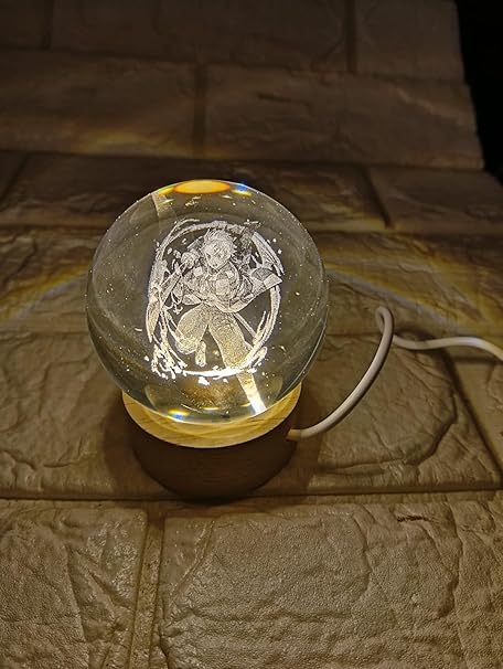 Anime Demon Slayer Tanjiro 3D Crystal Ball Luminous Lamp with Wooden Base | Warm White Light for Bedroom Decor, Birthday Gift (No Switch- Only Cable)