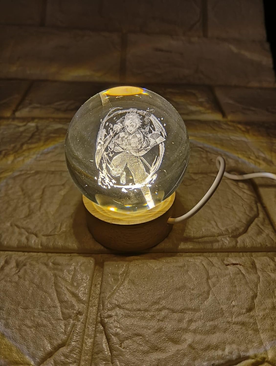 Anime Demon Slayer Tanjiro 3D Crystal Ball Luminous Lamp with Wooden Base | Warm White Light for Bedroom Decor, Birthday Gift (No Switch- Only Cable)