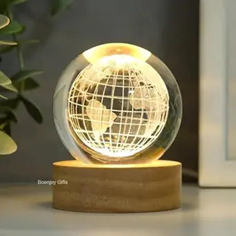 Globe 3D Crystal Ball Luminous Lamp with Wooden Base | Warm White Light for Bedroom Decor, Birthday Gift (No Switch- Only Cable)