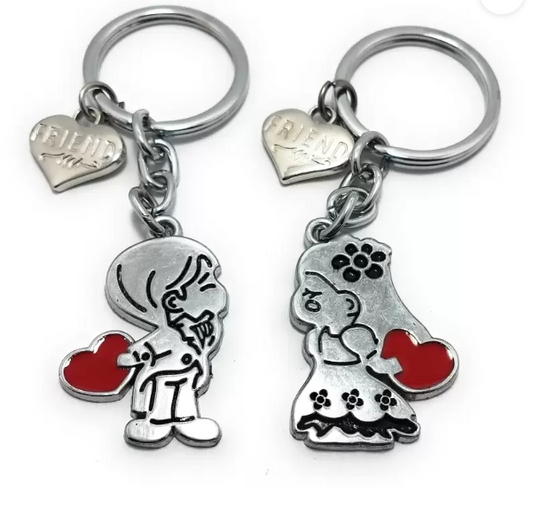 Friends with Red Heart (Set of 2) Silver Metal Key Chain | Friendship Keychains for Best Friends