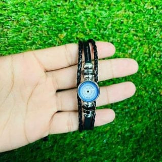 Title: Evil Eye Bracelet for Men – Faux Leather Layer Bangle