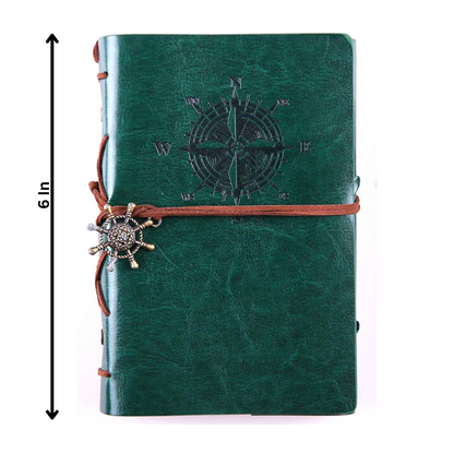 Vintage Compass Leather Journal – 6 Inch, 70 Sheets/140 Pages (Green)