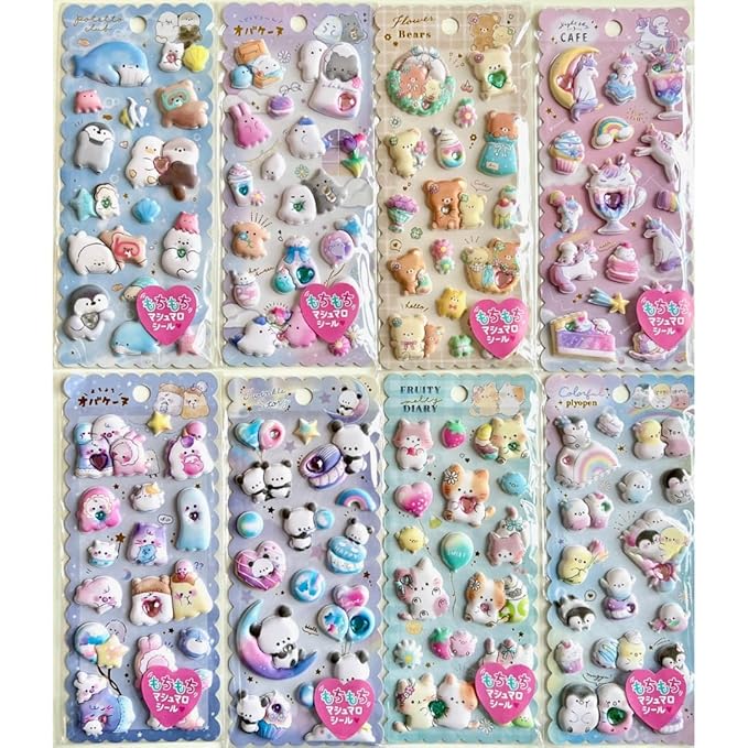 3D Thick Puffy Stickers for Kids & Girls – Cute Kawaii Soft Squishy Stickers with Gems, Reusable for Stationery, Phone Cases, and More (8 Sheets, 3D Thick - 8 Pack)