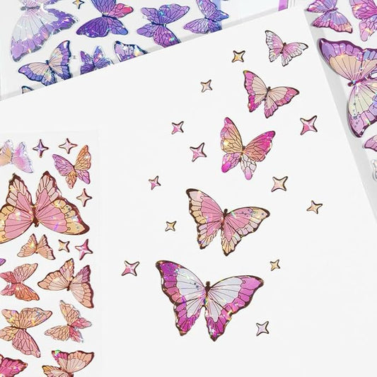 Small Mini Butterfly Stickers – 3D Holographic Glitter Butterflies for Kids Crafts, Adults Scrapbooking & Journaling (4 Design Mix Sheets, Multicolor)