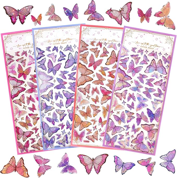 Small Mini Butterfly Stickers – 3D Holographic Glitter Butterflies for Kids Crafts, Adults Scrapbooking & Journaling (4 Design Mix Sheets, Multicolor)