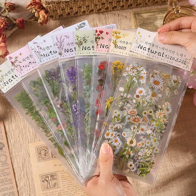 Random 4 Sheets Transparent Pressed Flower Stickers – Dried Resin Flowers Stickers for Scrapbooking, DIY Crafts, and Decorations