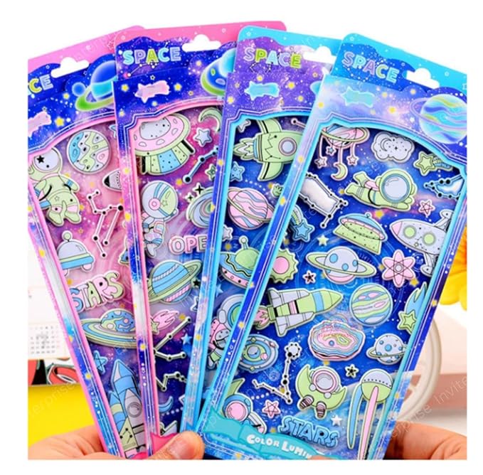 Kawaii Puffy Stickers for Kids – 3D Glow-in-the-Dark Space Stickers, Cute Foam Stickers for Girls, Aesthetic Craft Stickers (4 Sheet Mix Design)