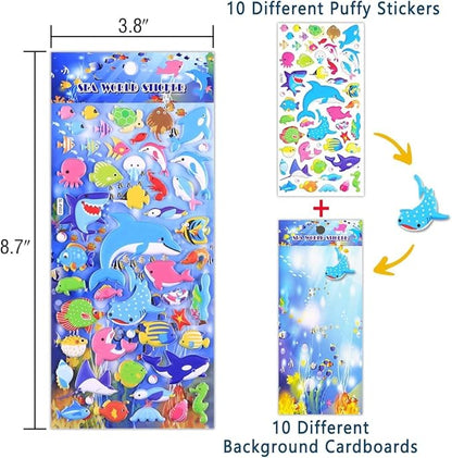 3D Puffy Aquatic Stickers for Kids – Set of 10 Straps with Colorful Ocean Animal Stickers