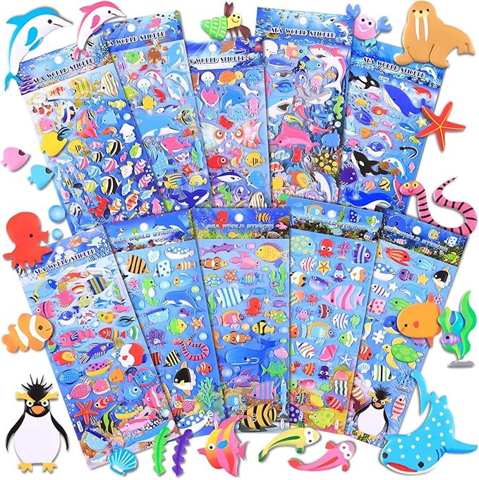 3D Puffy Aquatic Stickers for Kids – Set of 10 Straps with Colorful Ocean Animal Stickers