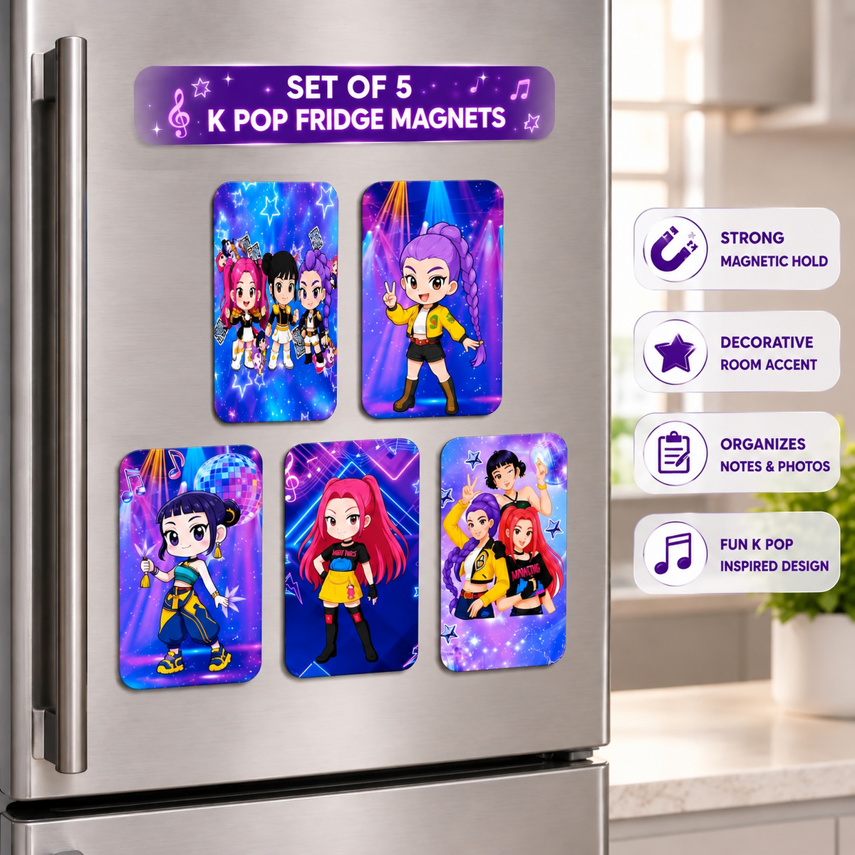 K POP Demon Hunters Fridge Magnets Set of 5, Cute Anime Girl Refrigerator Magnets- Decorative Kitchen, Locker & Office Magnet Set (5 x 2 Inches)