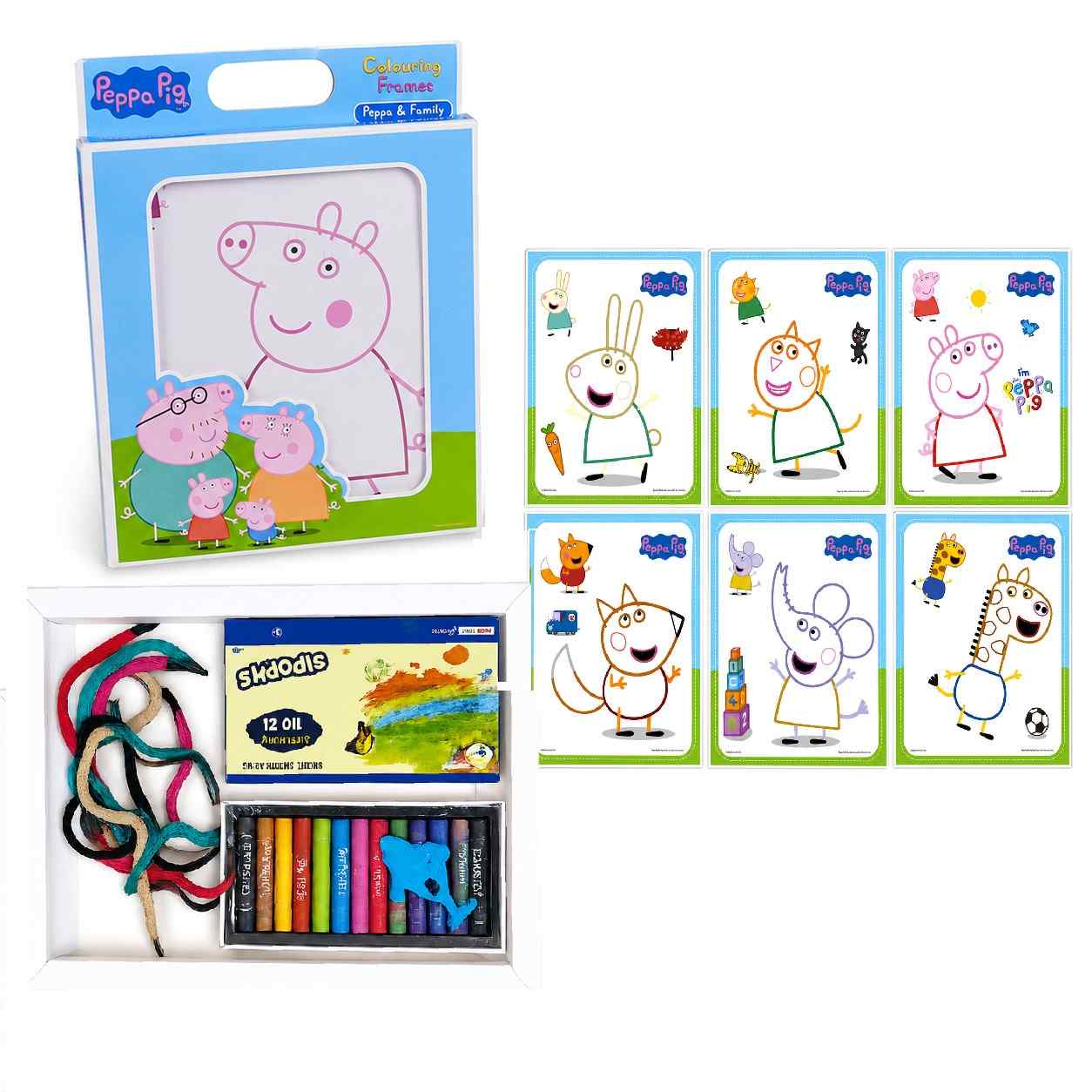 Peppa Theme Colouring Frames Kit with 6 Colouring Sheets, 12 Oil Pastels & Hanging Thread | DIY Kids Art & Craft Activity