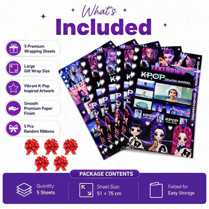 K Pop Demon Hunters Gift Wrapping Paper Set of 5 with 5 Ribbons | Premium Printed Gift Wrap Sheets | 51 × 75 cm