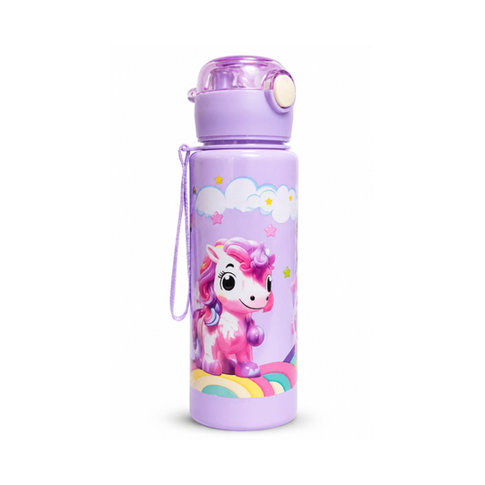Unicorn Printed Water Bottle for Kids 1 Pc, Leakproof Flip Cap, BPA Free Plastic, Built-in Straw, Carry Strap, School Bottle for Kids Boys & Girls (500ml Approx)