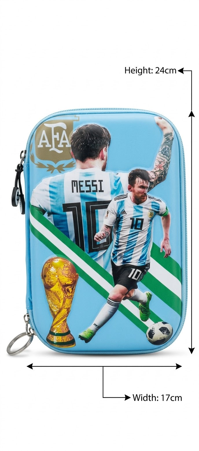 Football Legend Style EVA Hard Shell Organizer Pouch with Pen | Large Capacity Stationery & Travel Organizer Case for Kids, Adults & Travelers | 24 × 17 cm (MESSI)