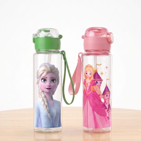 Water Bottle with Straw & Strap – Leak Proof BPA Free Cartoon Princess / Elsa Style Bottle (Random 1 PCS) for School & Trave